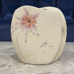 Vintage Barbara Baatz Signed  Curved Floral Ceramic Vase with Asian Flair